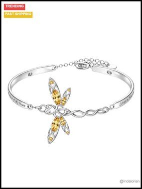 Silver Plated Dragonfly Birthstone Bangle Memorial Bracelet for Women